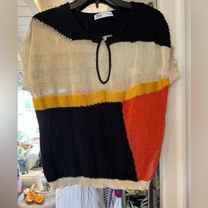 Zara Color Block Crew Neck Sweater - Black, Cream, Yellow, Red